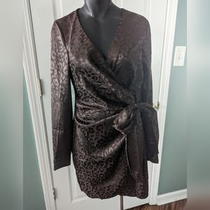 Lush Brown Animal Print Satin Wrap Dress Medium